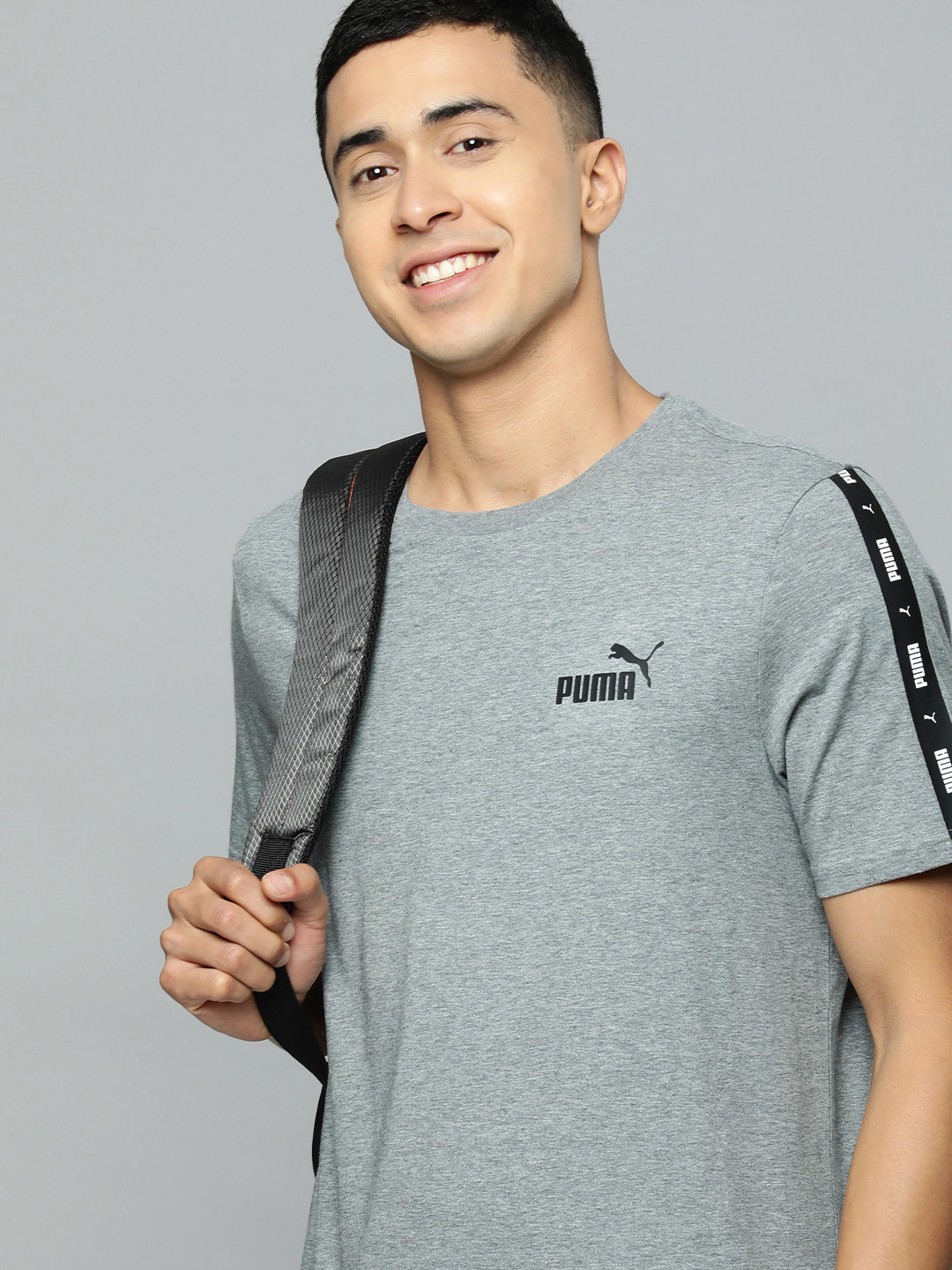 

Puma Men Grey Essentials+ Tape Brand Logo Printed Regular Fit Pure Cotton T-shirt