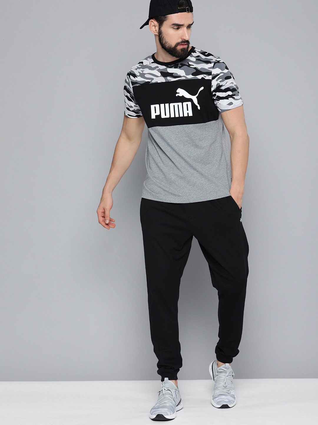 

Puma Men Grey Melange Colourblocked Essential+ Camo Pure Cotton T-shirt