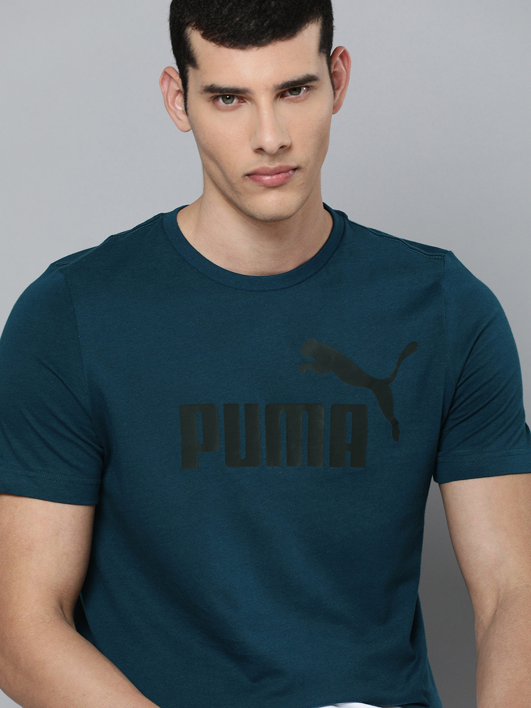 

Puma Men Teal Blue Brand Logo Printed Pure Cotton Regular Fit Essential T-shirt