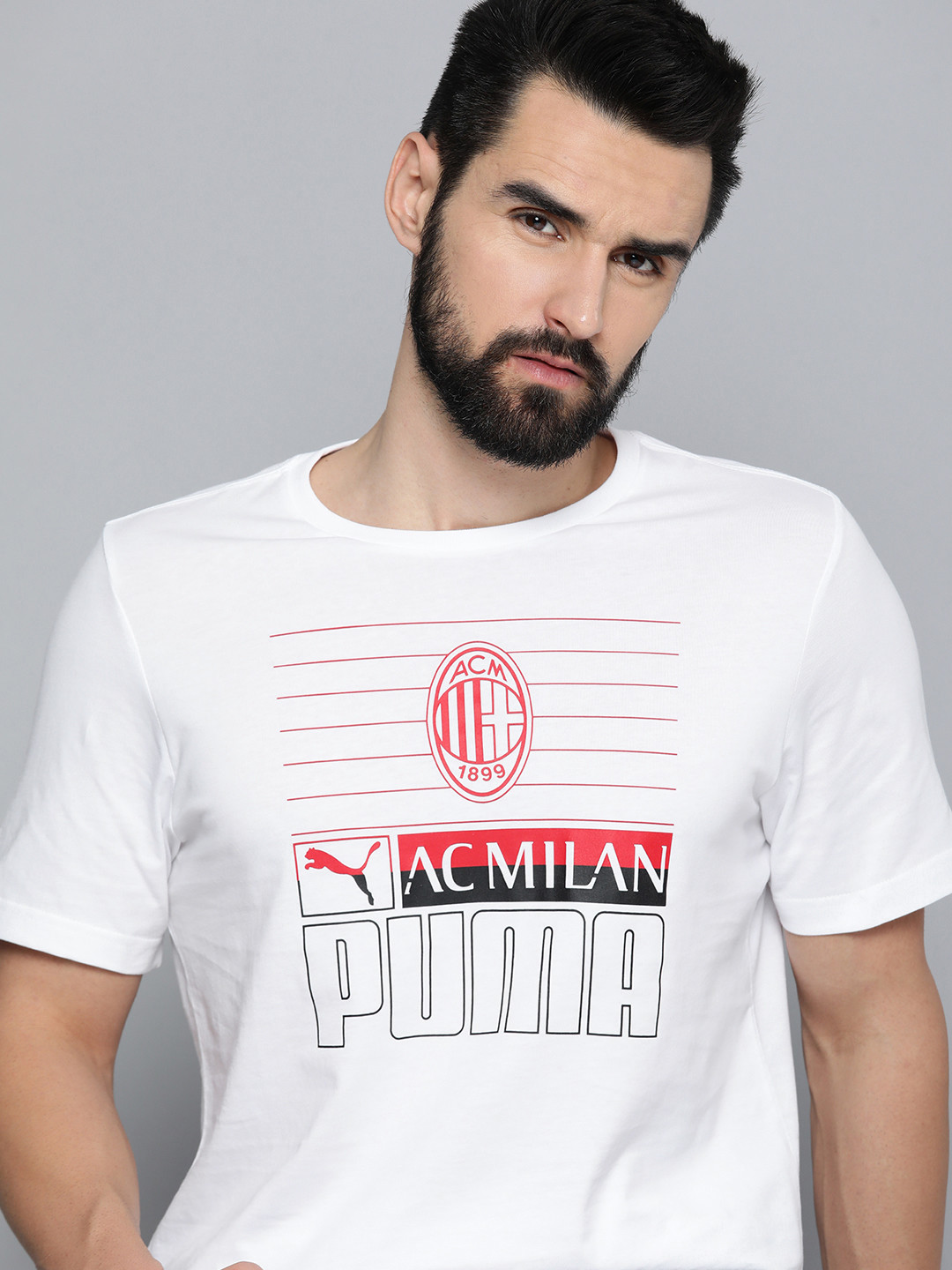 

Puma Men White & Red Brand Logo A C Milan Printed Pure Cotton T-shirt