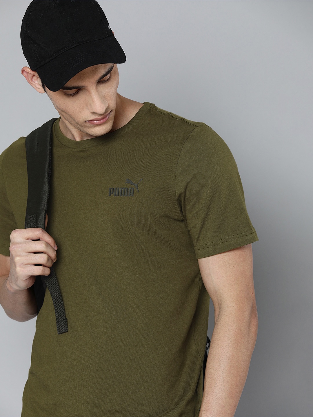 

Puma Men Olive Green Pure Cotton Brand Logo Printed Essentials Regular Fit T-shirt