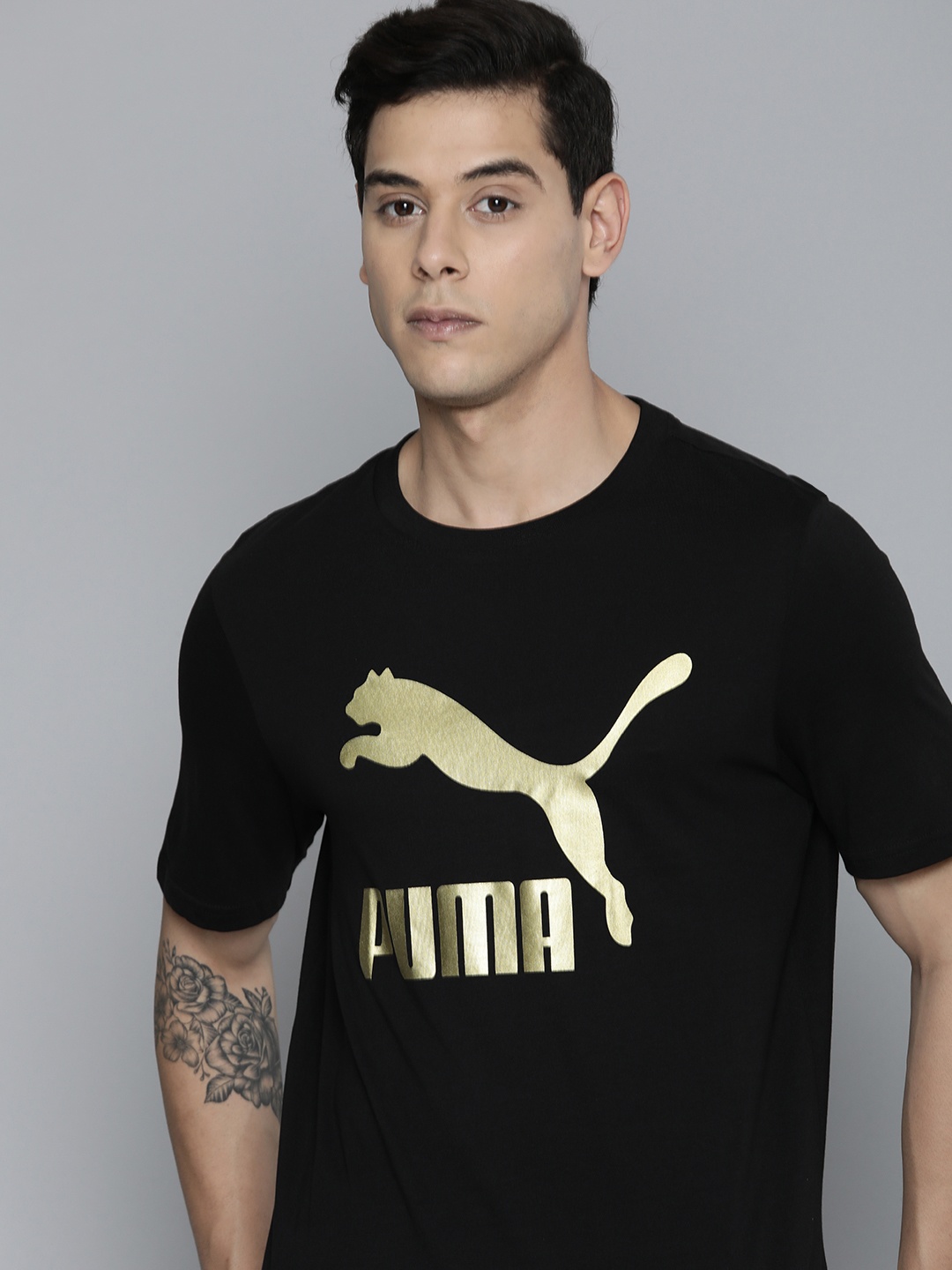 

Puma Men Regular Fit Classics Logo Metallic Printed Pure Cotton T-shirt, Black