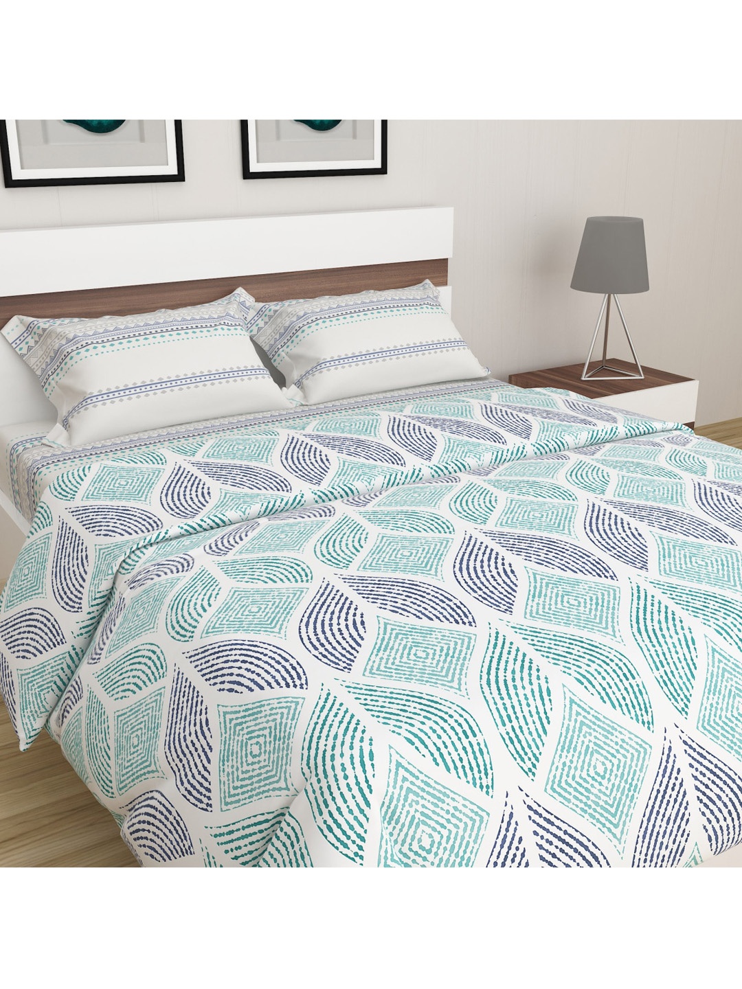 

Home Centre Harold Teal Printed Cotton Queen Bed In A Bag 4 Piece Set, White