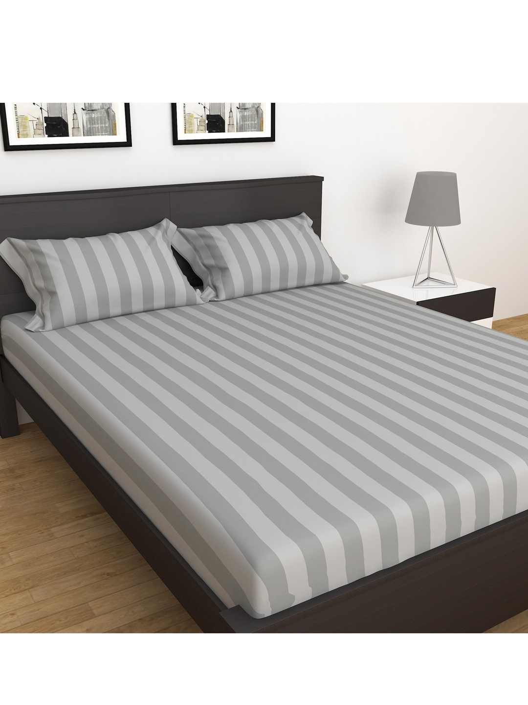 

Home Centre Grey Striped King Bedsheet with Pillow Covers