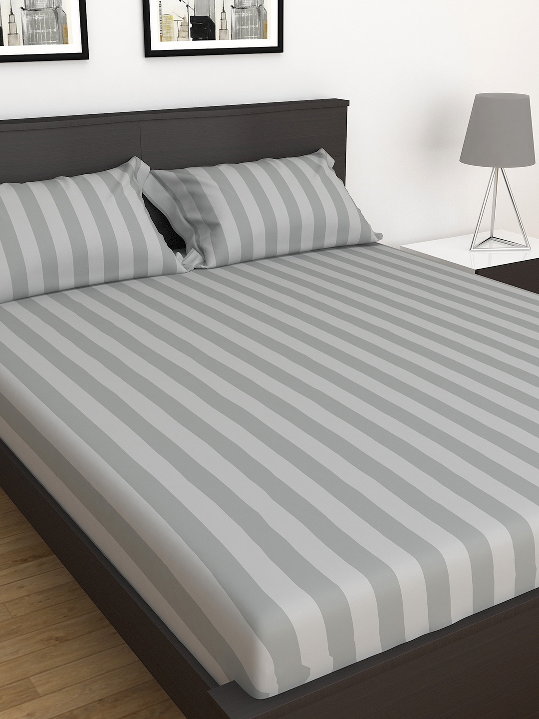 

Home Centre Harbour Grey Striped Queen Bedsheet Set