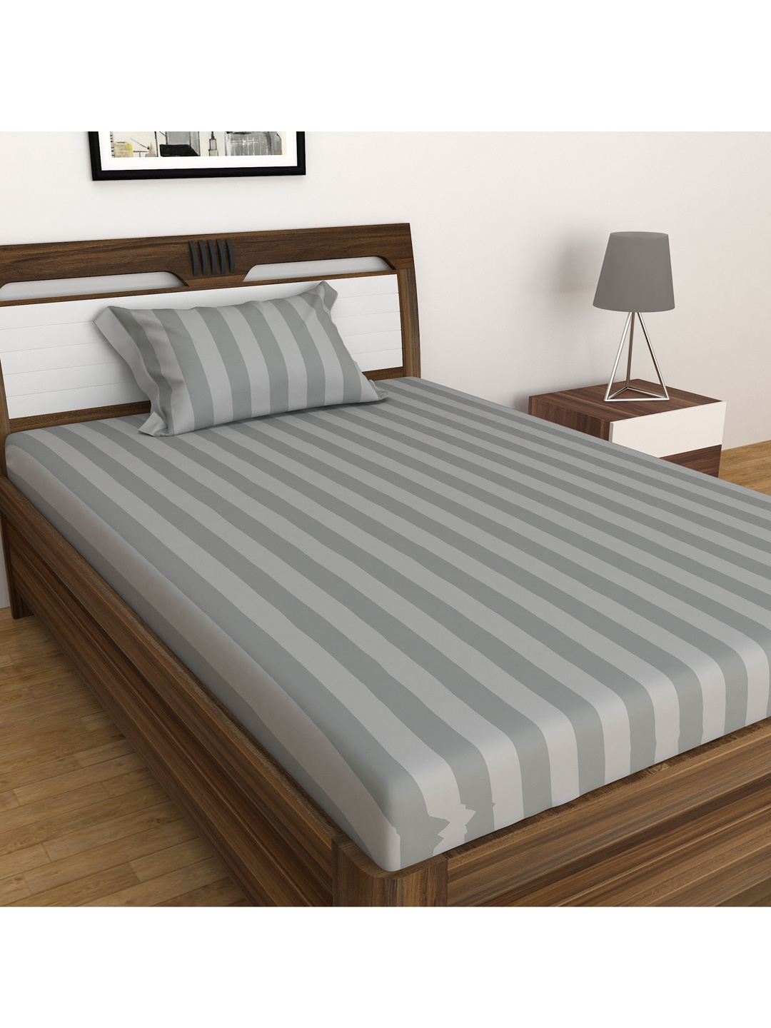 

Home Centre Grey Striped 150 TC Single Bedsheet With 1 Pillow Cover