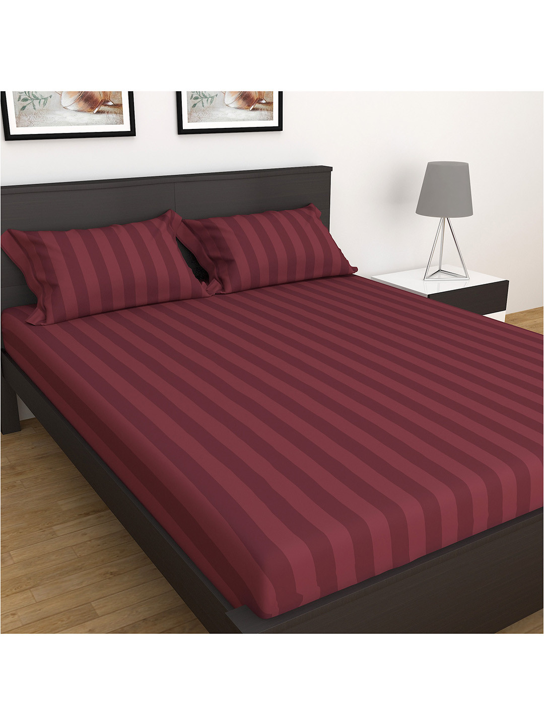 

Home Centre Striped Queen Bedsheet with 2 Pillow Covers, Burgundy
