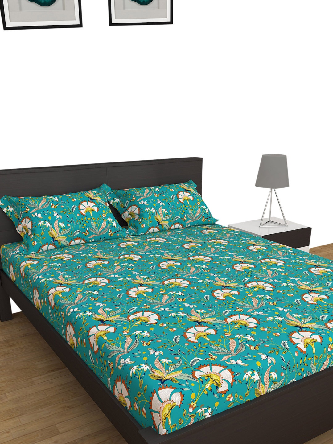 

Home Centre Floral Queen Bedsheet with 2 Pillow Covers, Blue