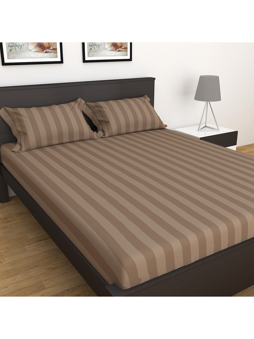 

Home Centre Striped King Bedsheet with 2 Pillow Covers, Brown