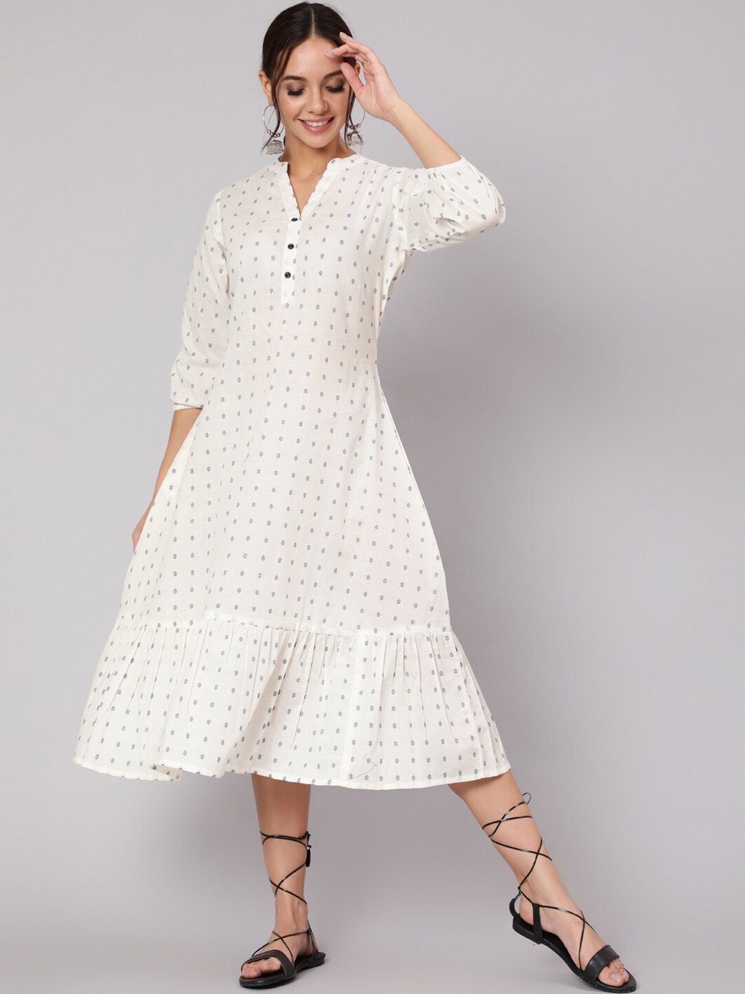 

Nayo Women White Micro Ditsy Printed A-Line Midi Gathered Dress