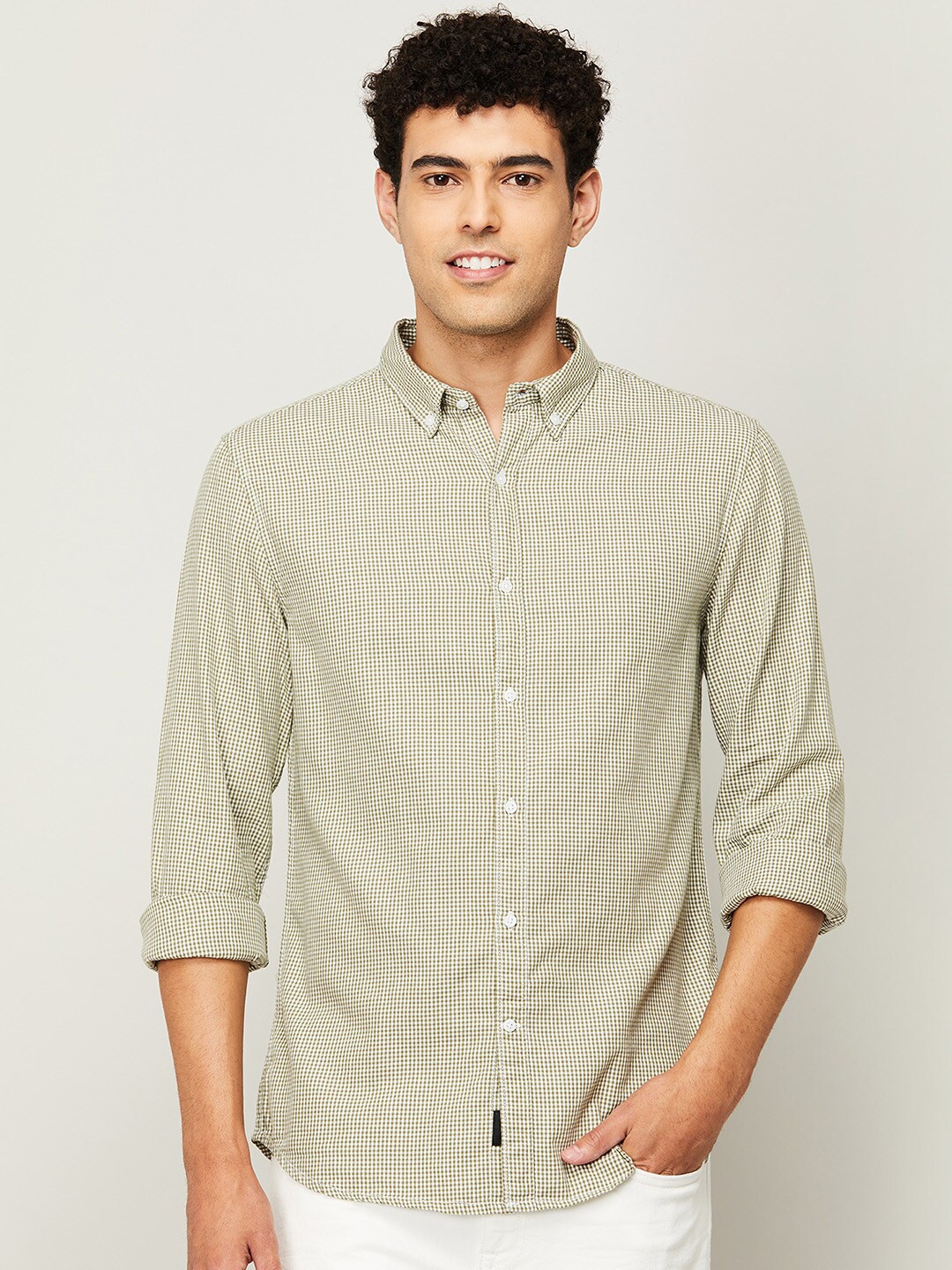 

Fame Forever by Lifestyle Men Olive Green Slim Fit Micro Checked Casual Shirt