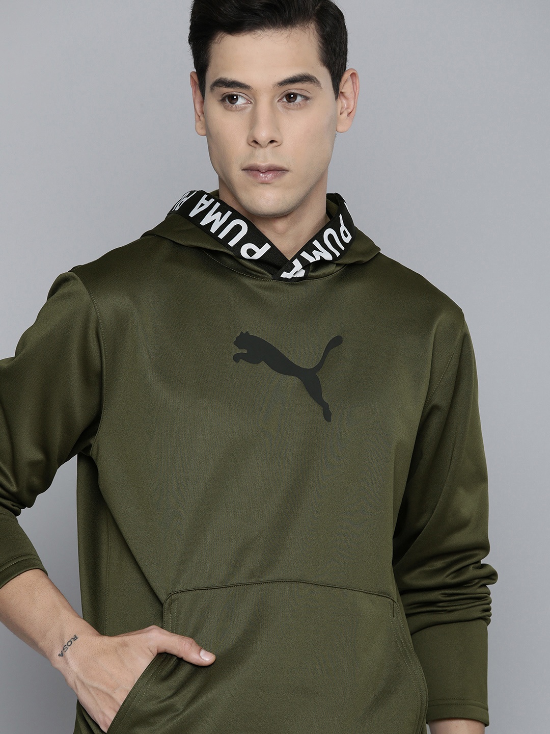 

Puma Men Olive Green Printed Hooded Sweatshirt