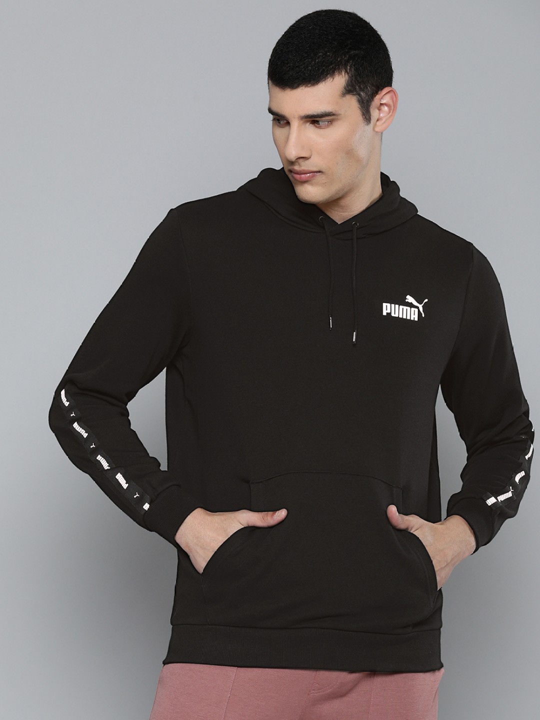 

Puma Men Black Hooded Solid Regular Fit Sweatshirt with Tape Sleeves