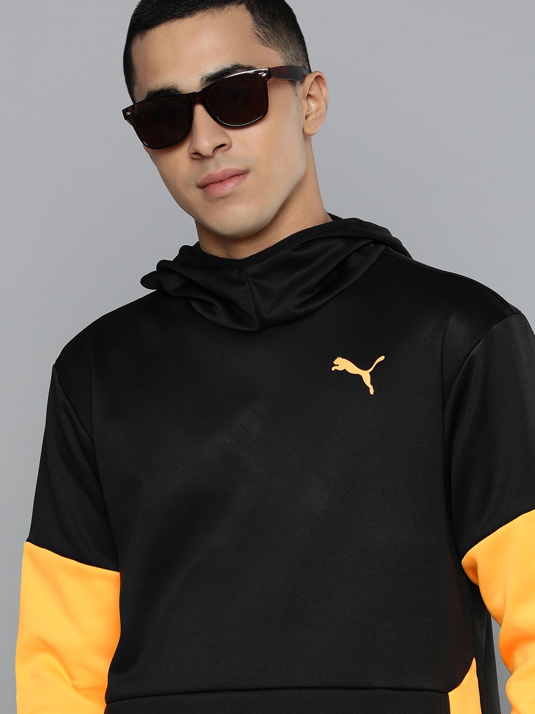 

Puma Men Black And Yellow Colourblocked TRAIN ALL DAY PWRFLEECE Hooded Sweatshirt