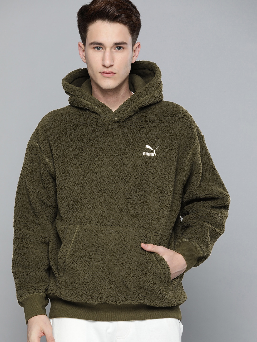 

Puma Men Relaxed Classics Sherpa Hooded Relaxed Fit Sweatshirt, Olive