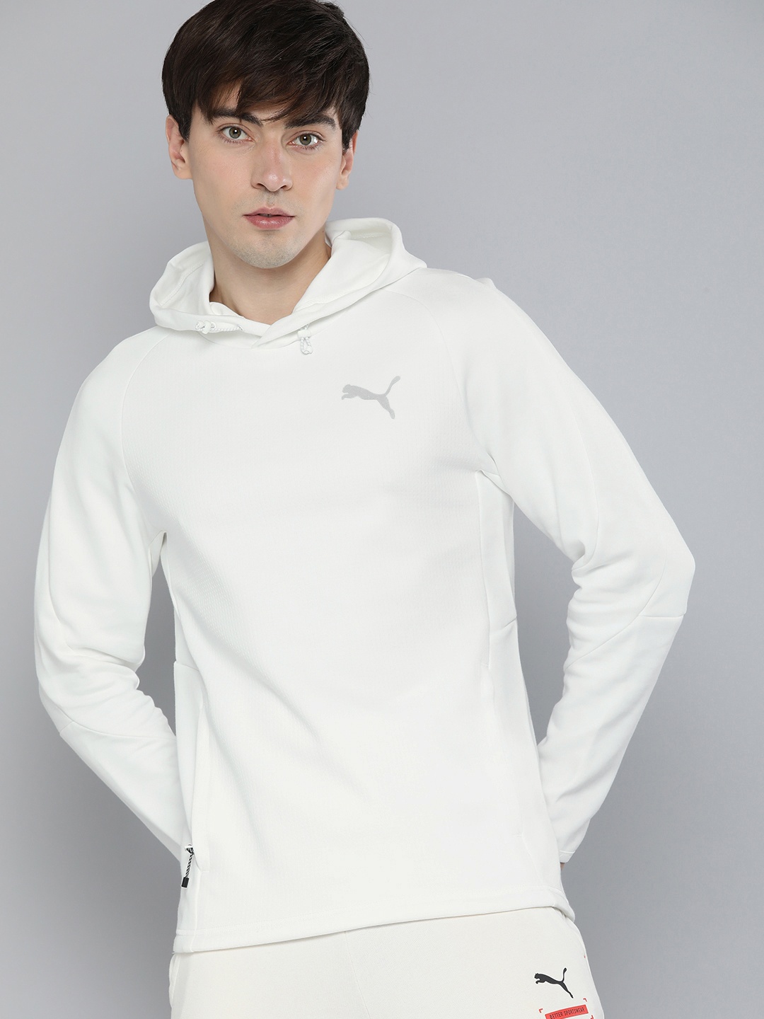 

Puma Men White Striped Slim Fit dryCELL Hooded Slim Fit Sweatshirt
