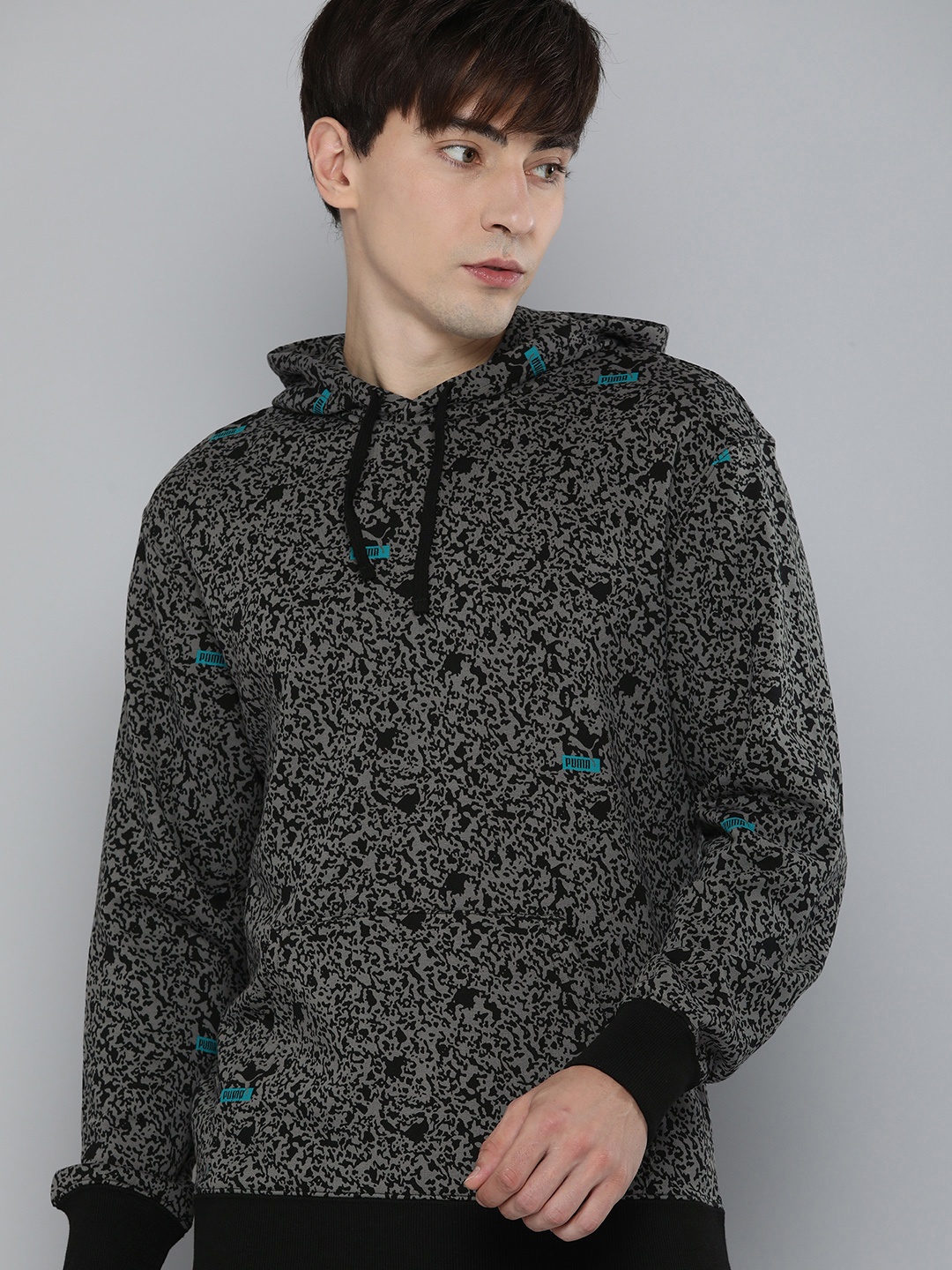 Puma Men Black & Grey Printed Brand Love Hooded Regular Fit Sweatshirt