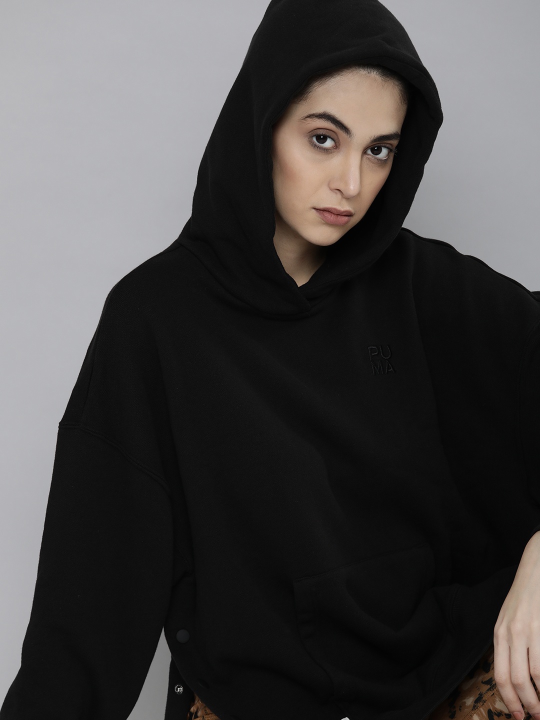 

Puma Women Solid Infuse Oversized Hooded Pure Cotton Sweatshirt, Black