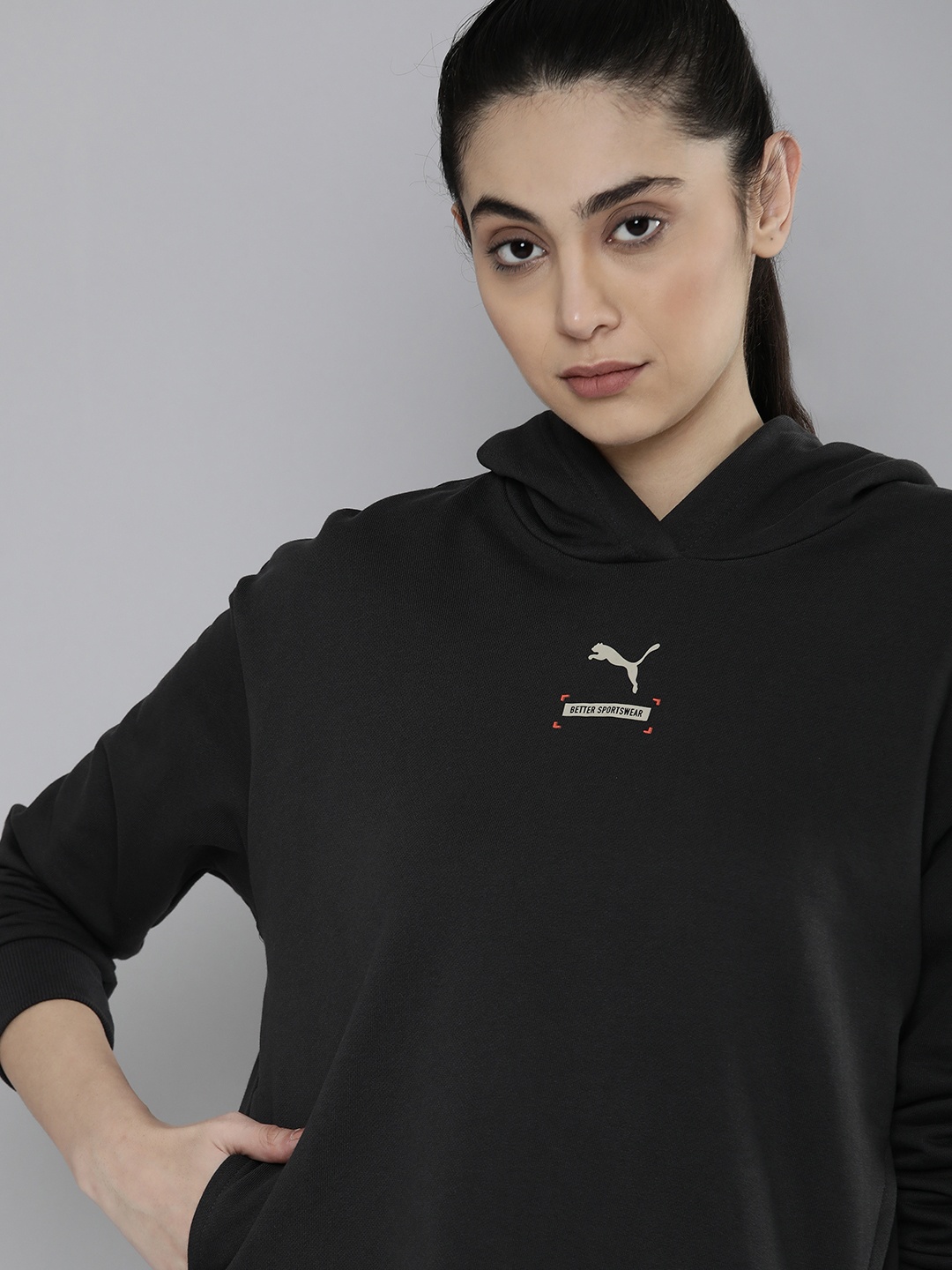 

Puma Women Black Printed Pure Cotton Hooded Sweatshirt