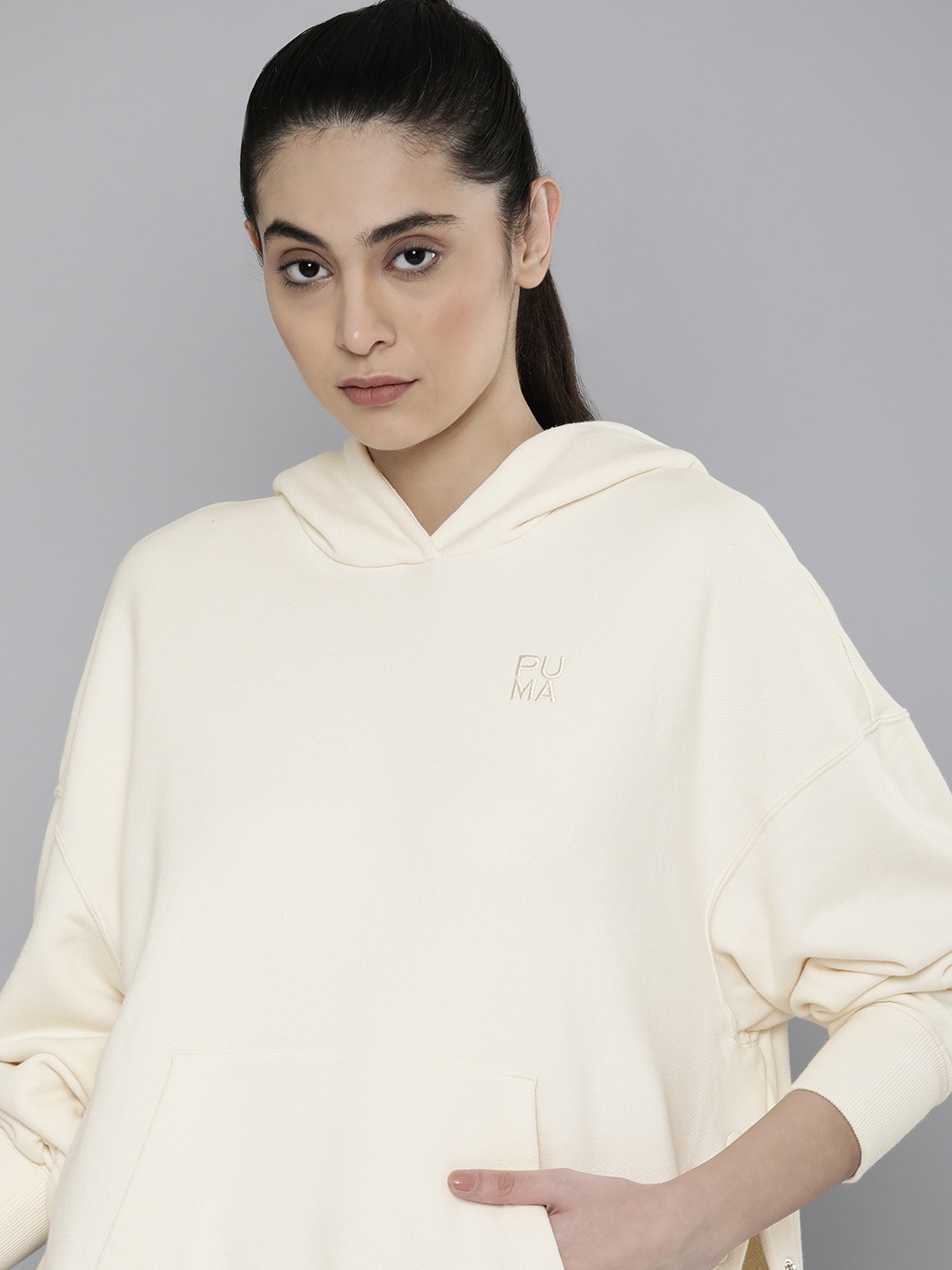 

Puma Women Oversized Fit Solid Infuse Hooded Pure Cotton Sweatshirt, Off white