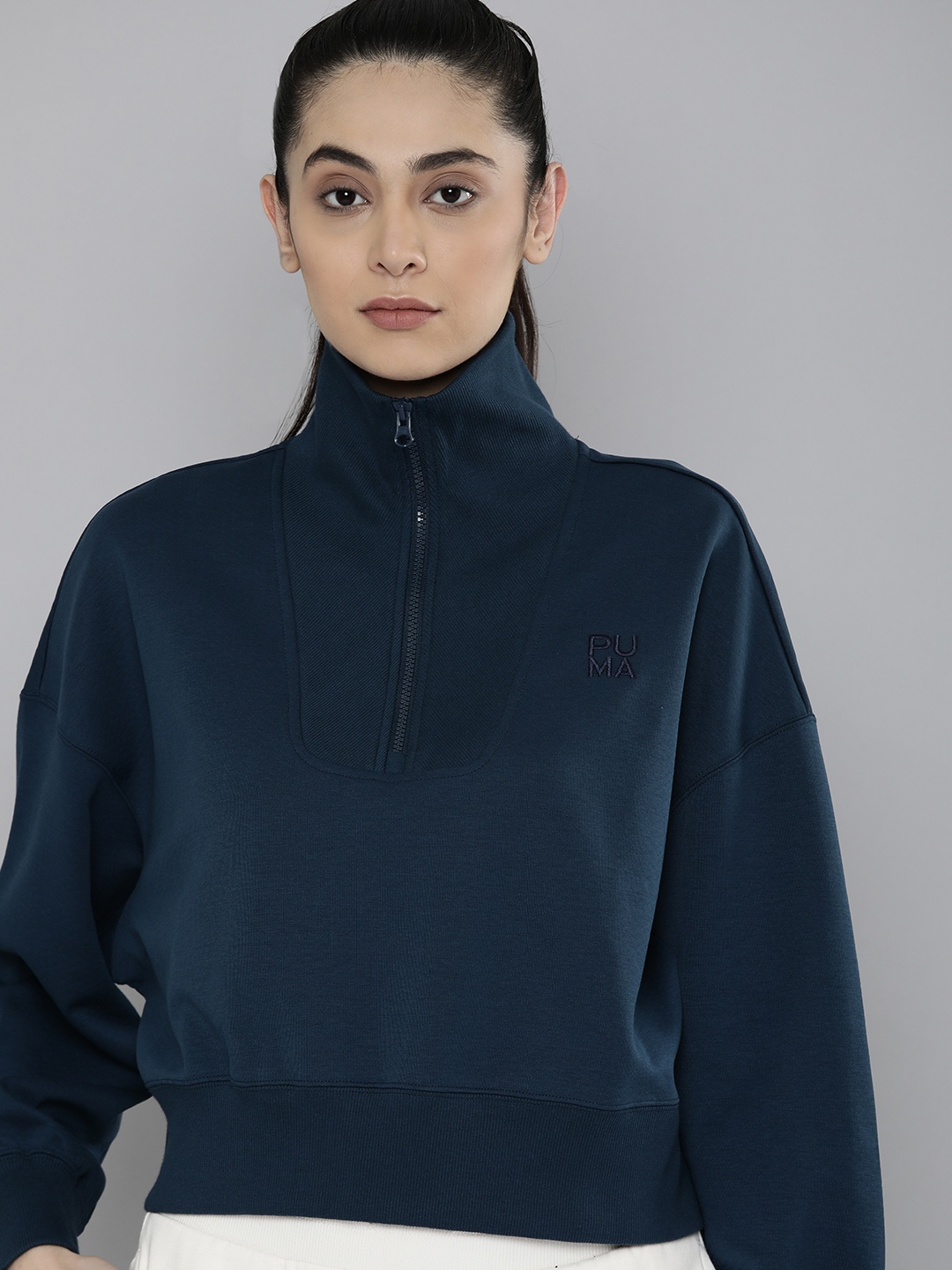 

Puma Women Navy Blue Solid Infuse Half-Zip Oversized Sweatshirt