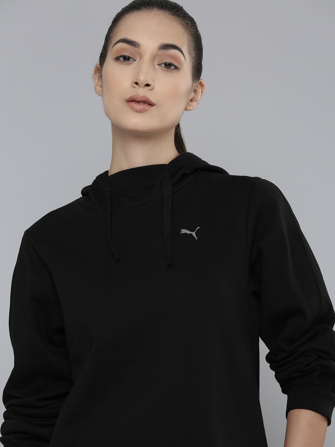 

Puma Women Black Solid dryCELL STUDIO FLEECE Hooded Sweatshirt