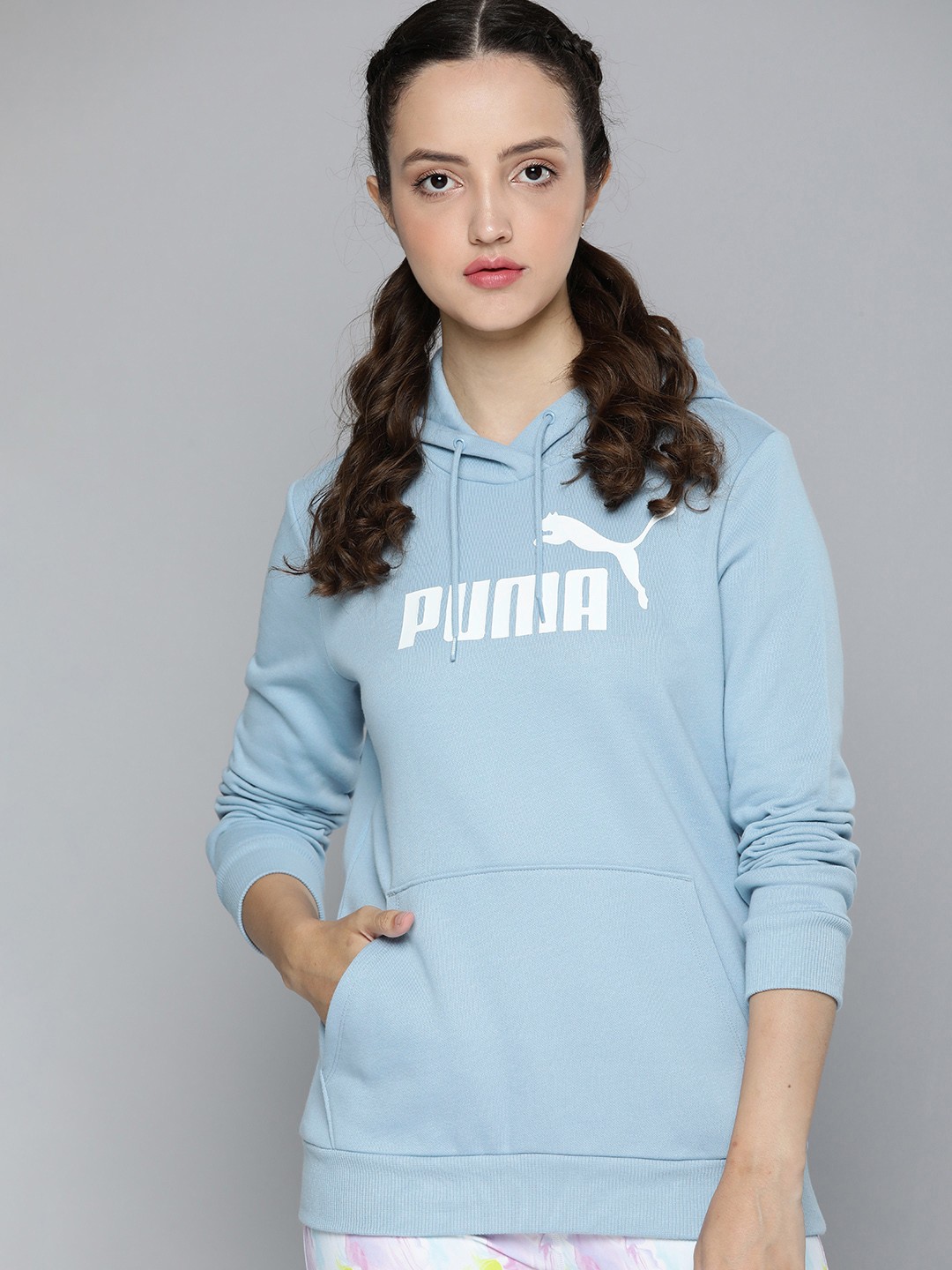 

Puma Women Blue & White Essentials Logo Printed Hooded Sweatshirt
