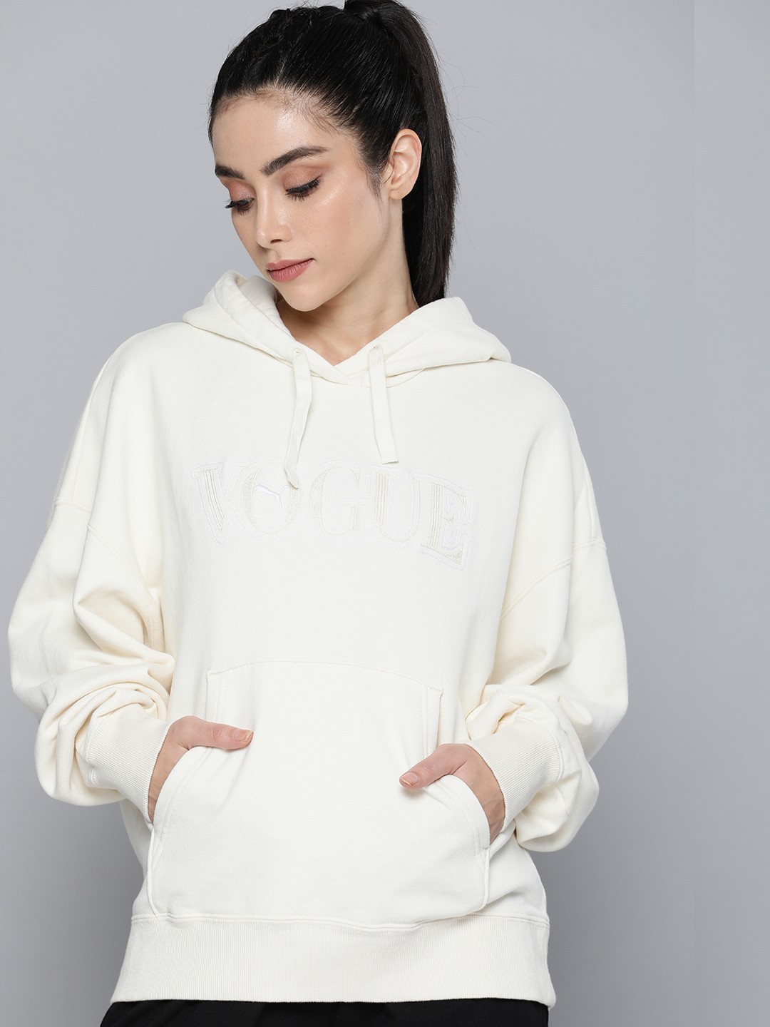 

PUMA X VOGUE Women White Brand Logo Embroidered Oversized Hooded Sweatshirt