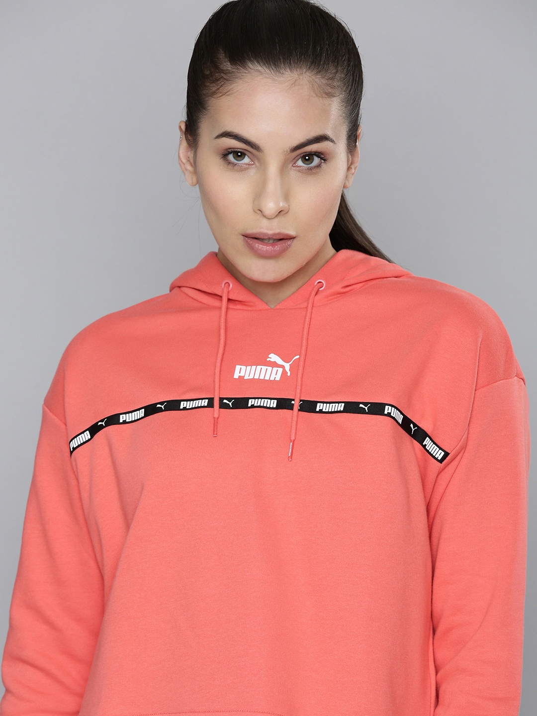 

Puma Women Rust Pink Power Tape Relaxed Fit Hoodie Sweatshirt