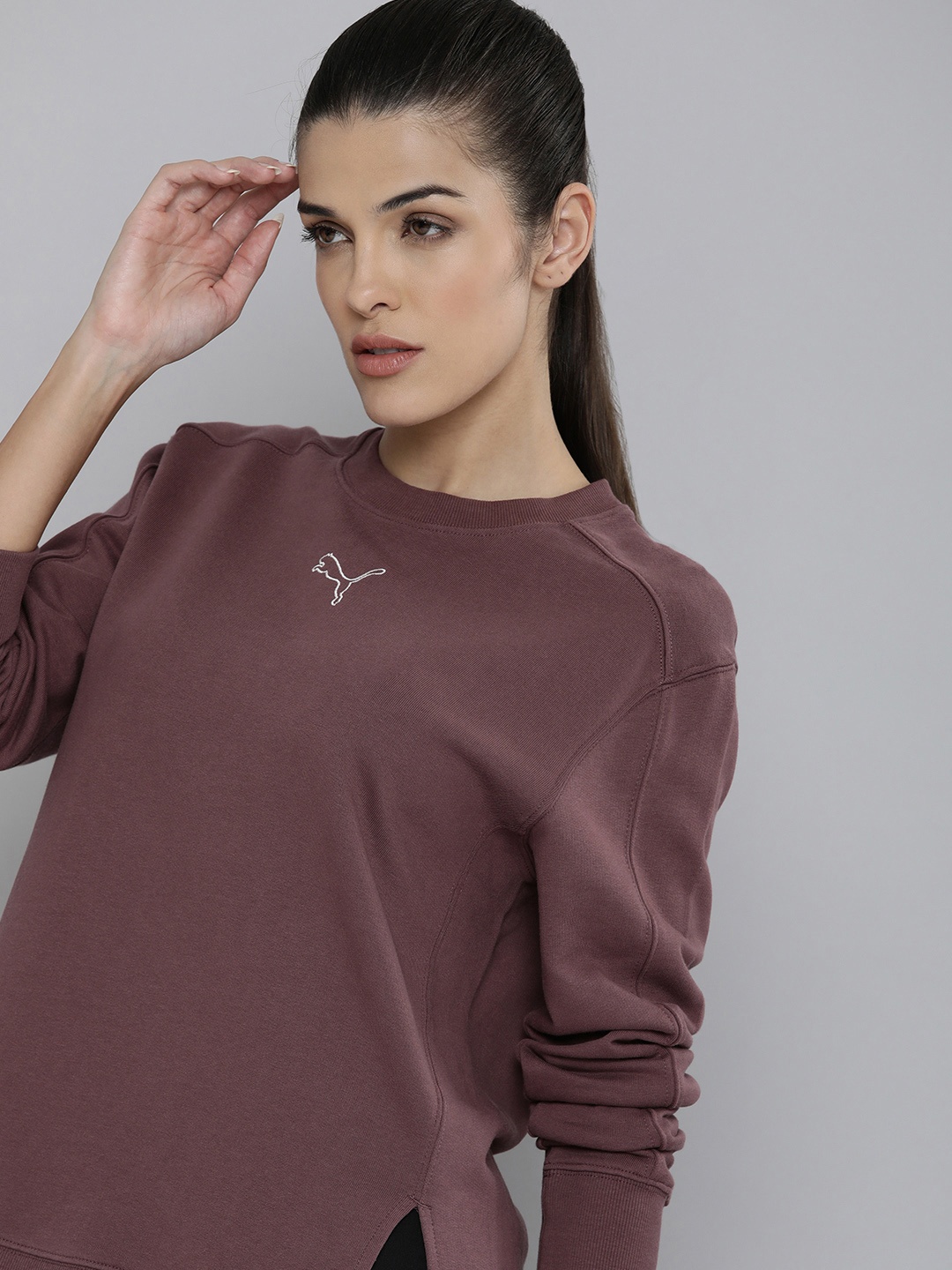 Puma Women Brown Solid Relaxed Fit Sweatshirt with Minimal Brand Logo Detail