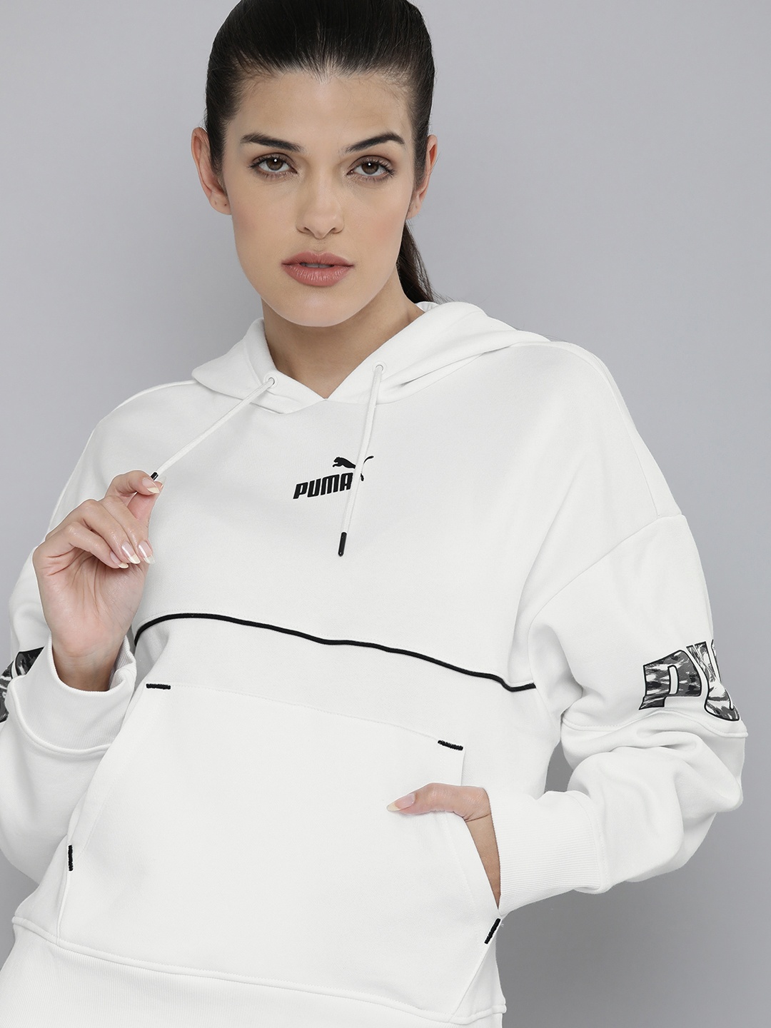 

Puma Women White Printed Pure Cotton Hooded Sweatshirt