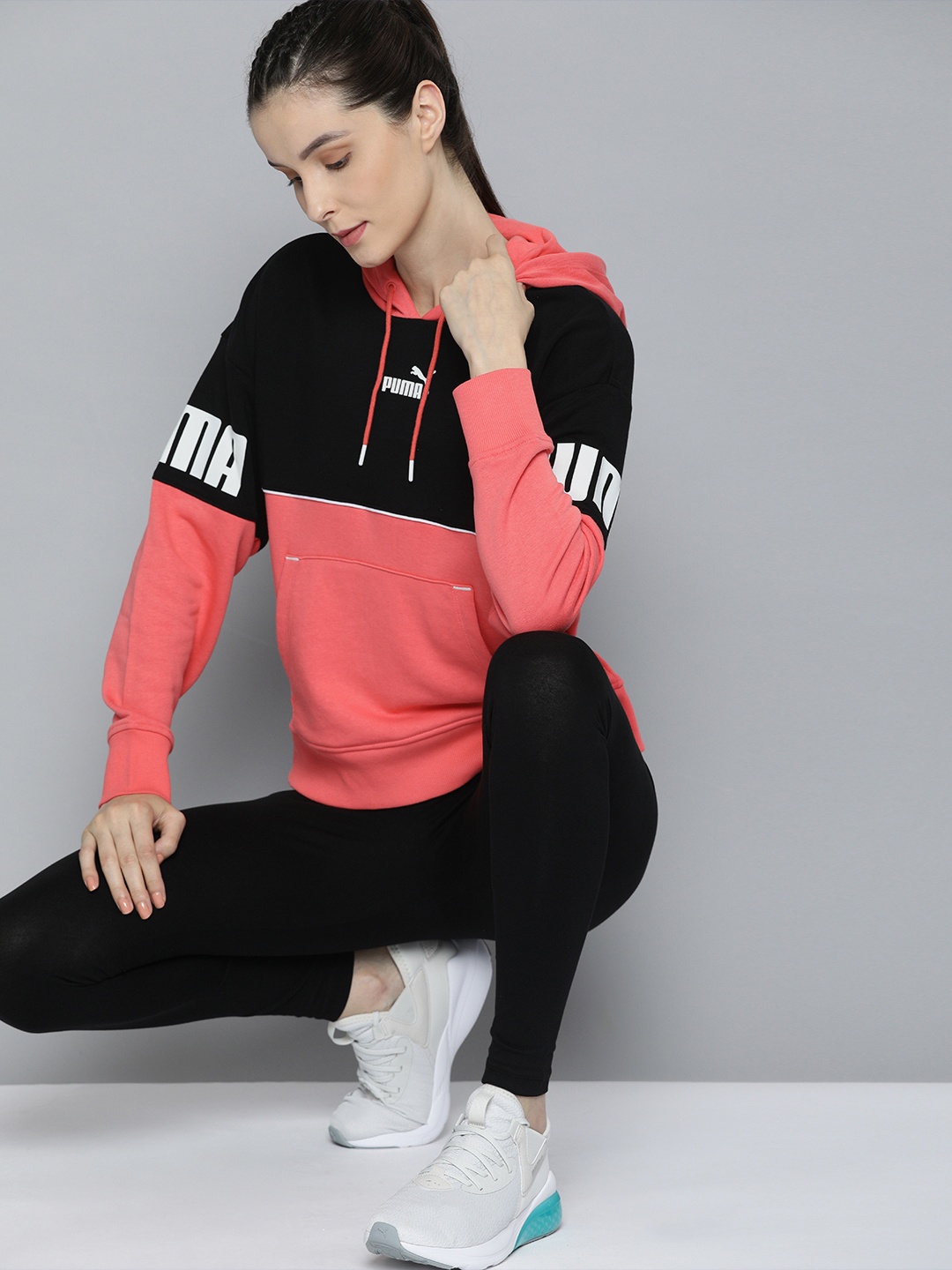

Puma Women Black & Rust Pink Power Colourblocked Hooded Sweatshirt