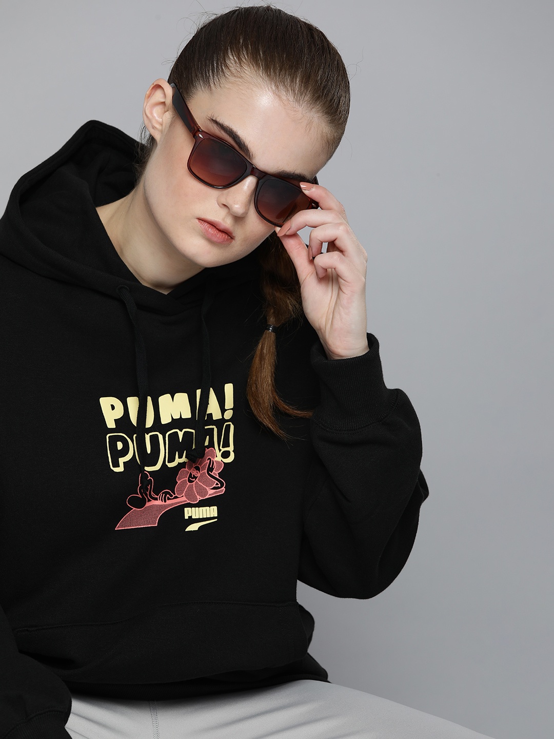 

Puma Women Black Relaxed Fit Printed Downtown Graphic Hooded Oversized Sweatshirt