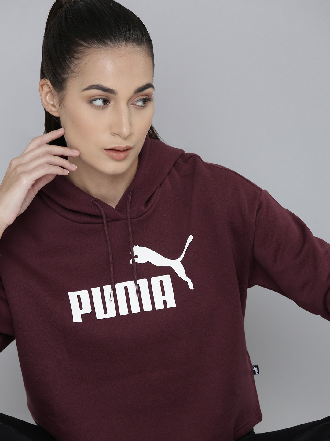 

Puma Women Maroon Essential Cropped Logo Printed Hooded Sweatshirt