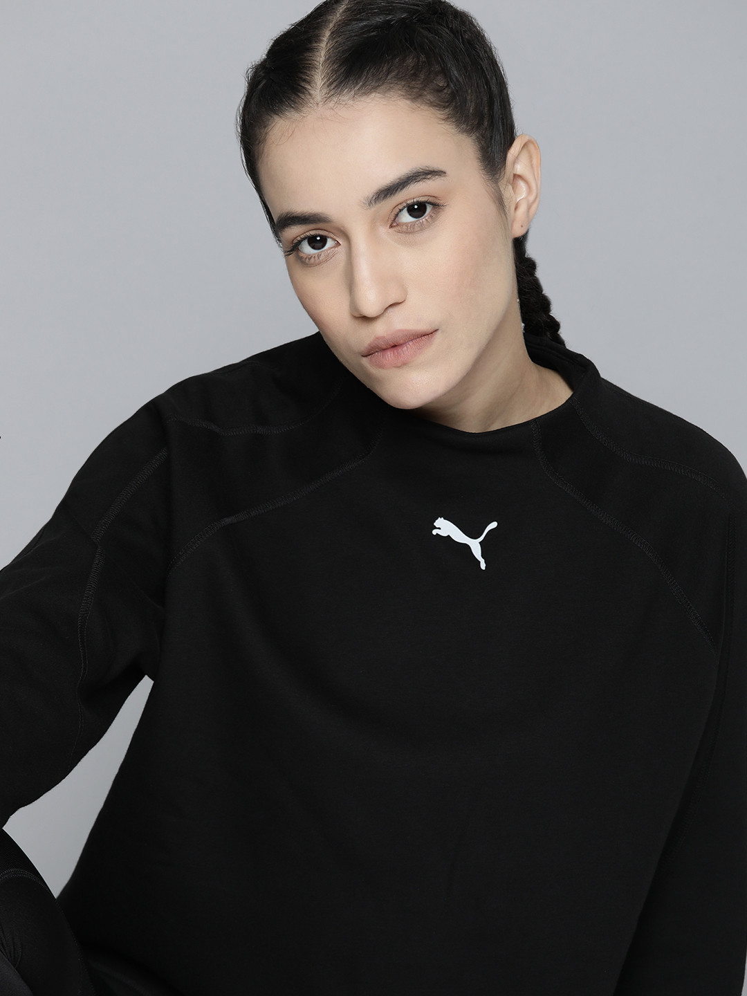 

Puma Women Black Evostripe High Neck Crew Pure Cotton Relaxed Fit Sweatshirt