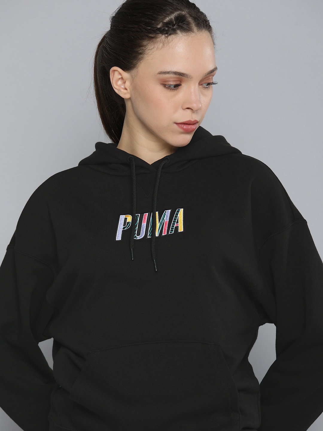 

Puma Women Black Graphic Embroidered Hooded Sweatshirt