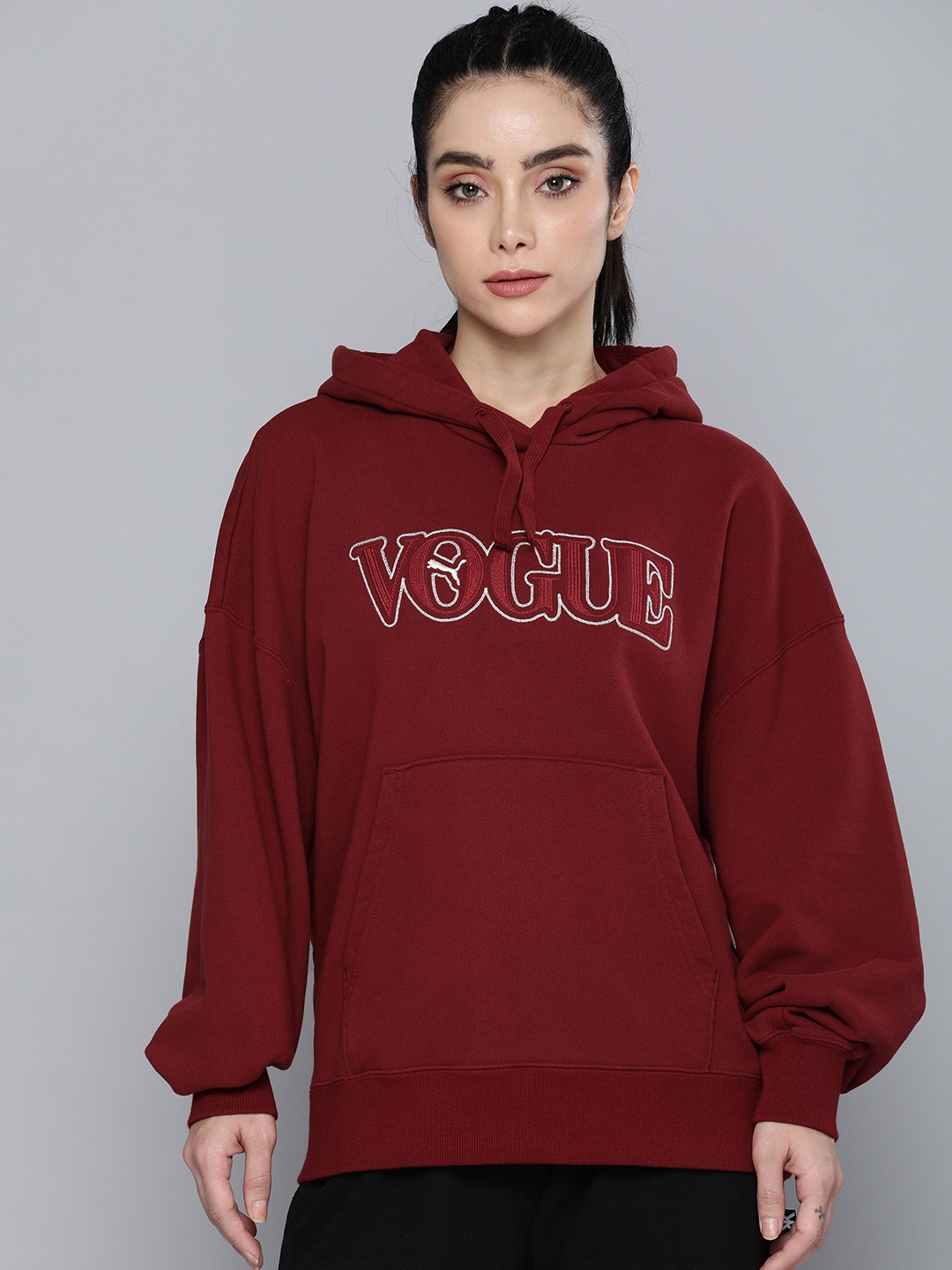 

PUMA X VOGUE Women Oversized Fit Brand Logo Embroidery Pure Cotton Hooded Sweatshirt, Maroon