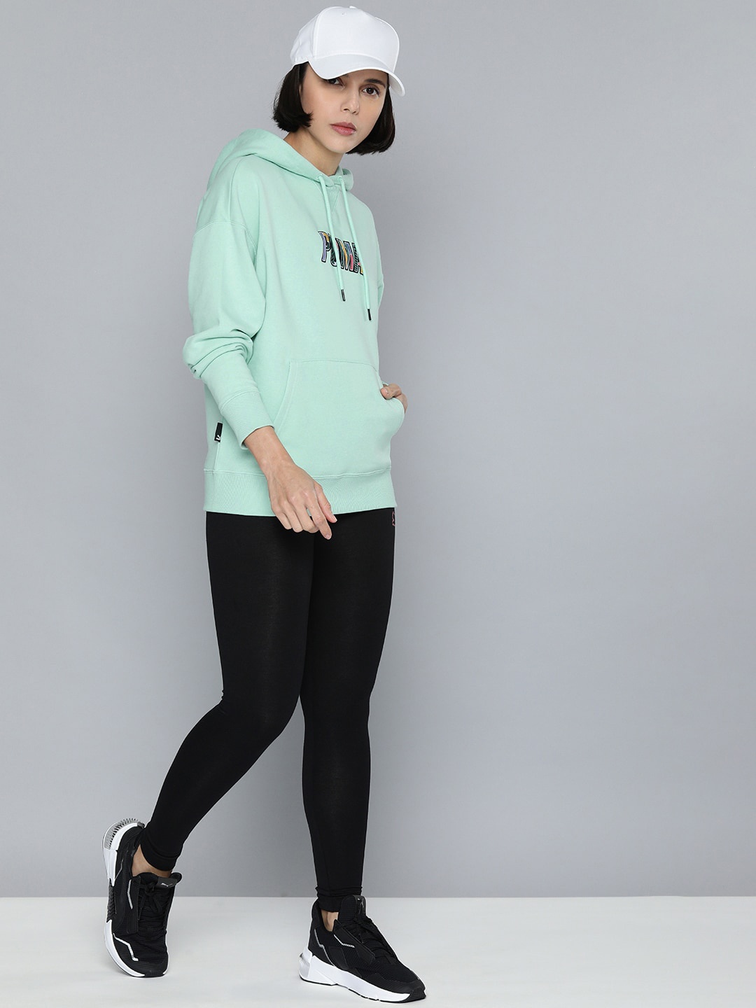 

Puma Women Mist Green Graphic Brand Logo Embroidered Hood SWxP Sweatshirt
