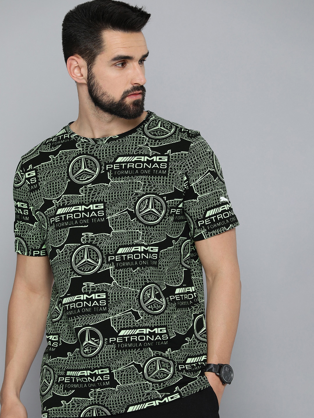

PUMA Motorsport Men Black & Green MAPF1 AOP Logo Printed Pure Cotton T-shirt