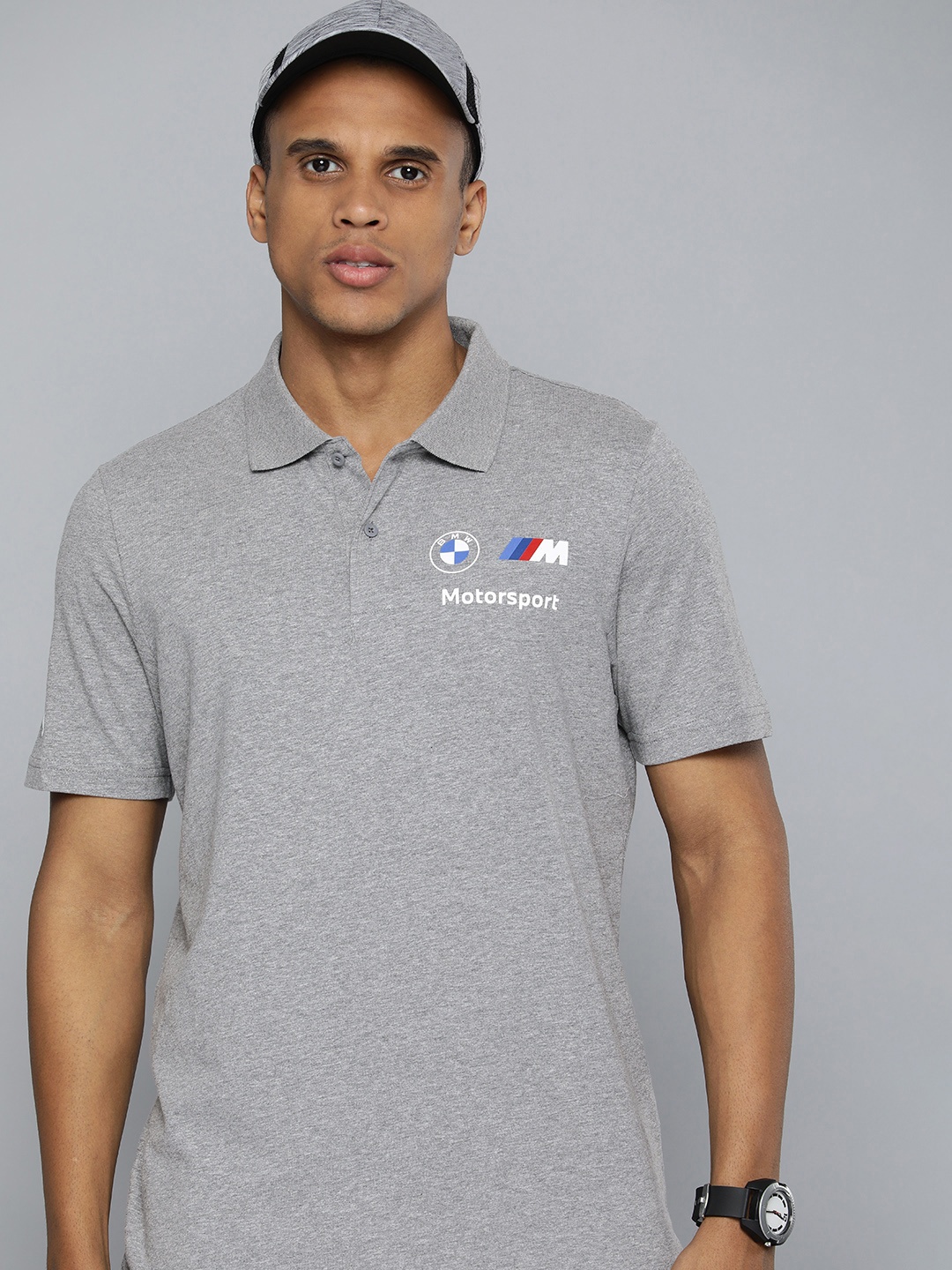 

PUMA Motorsport Men Grey Melange BMW Motorsport Printed Polo Collar Pure Cotton T-shirt