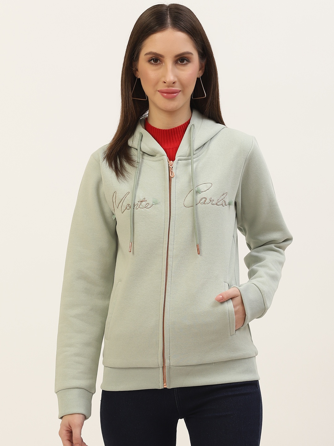 

Monte Carlo Women Pista Green Embroidered Detail Hooded Sweatshirt