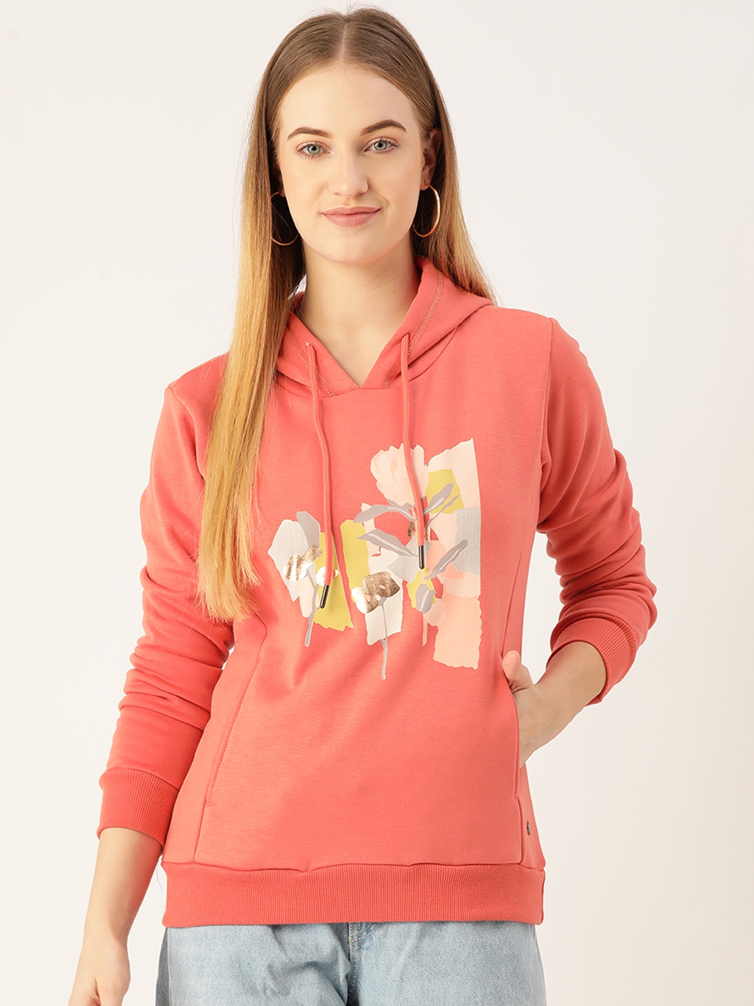 

Monte Carlo Women Coral Pink Printed Hooded Sweatshirt