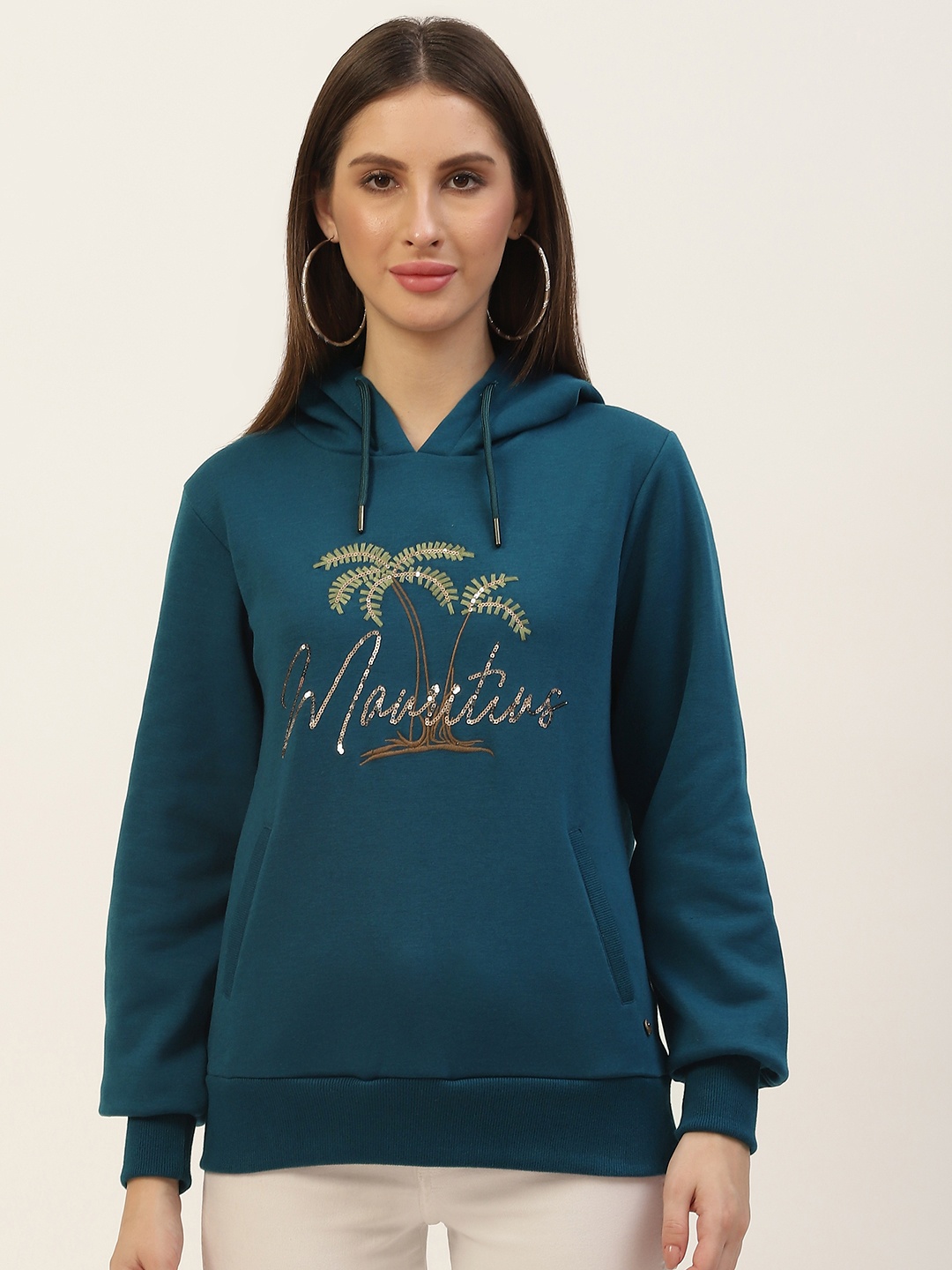 

Monte Carlo Women Teal Blue Embroidered Hooded Sweatshirt