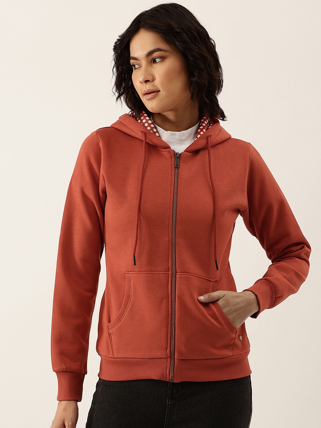 

Monte Carlo Women Rust Orange Solid Hooded Sweatshirt