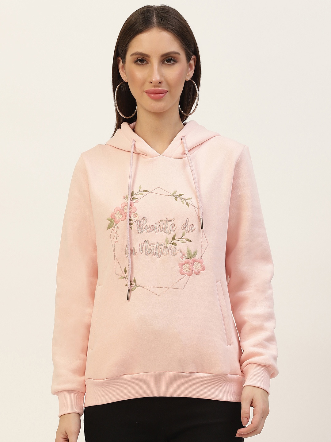 

Monte Carlo Women Peach-Coloured Embroidered Hooded Sweatshirt