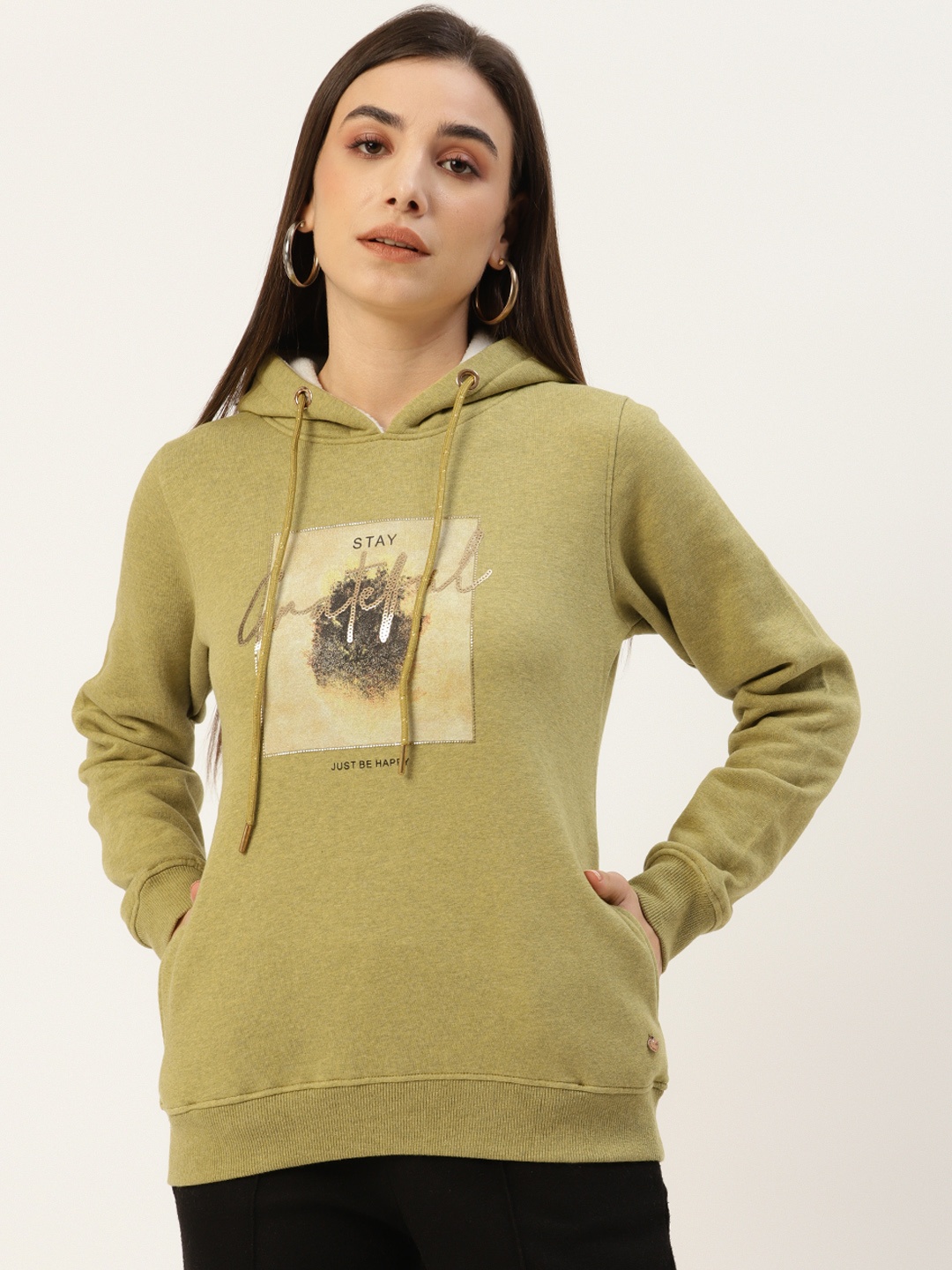 

Monte Carlo Women Olive Green Printed Hooded Sweatshirt