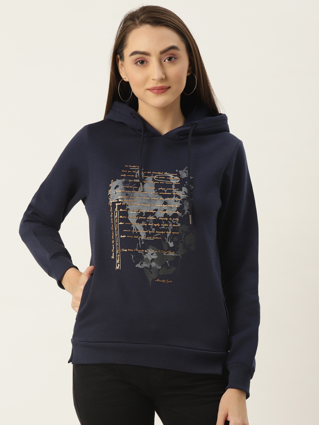 

Monte Carlo Women Navy Blue Printed Hooded Sweatshirt