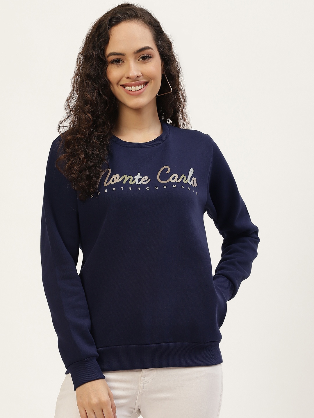 

Monte Carlo Women Navy Blue & Beige Printed Sweatshirt