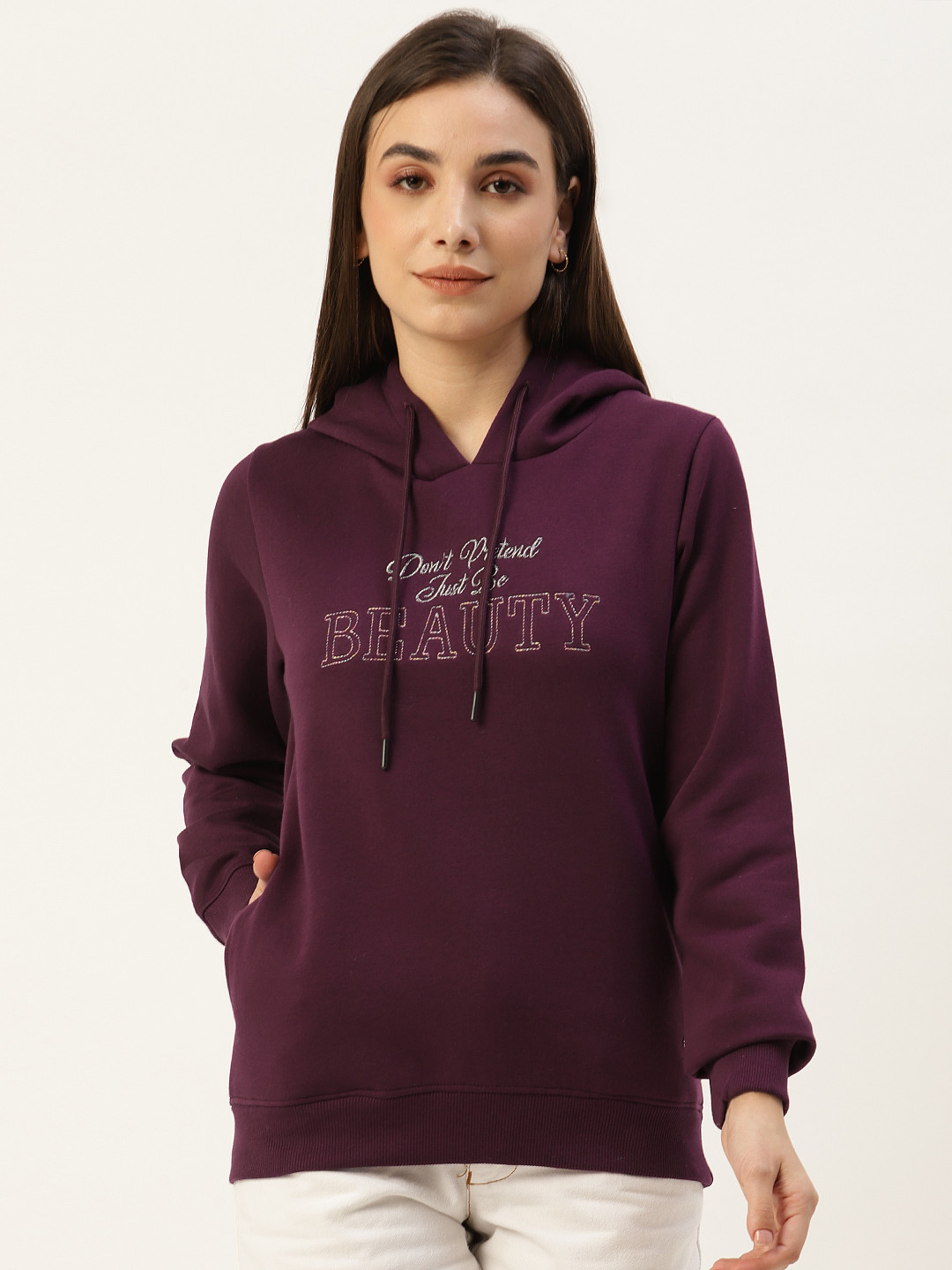

Monte Carlo Women Purple Typography Printed Hooded Sweatshirt