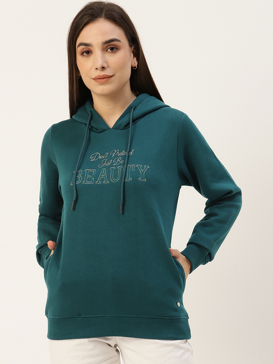 

Monte Carlo Women Teal Green Embroidered Hooded Sweatshirt